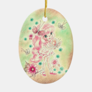 Süßes Mädchen mit großen Augen, rosa Haaren und Sc Keramikornament