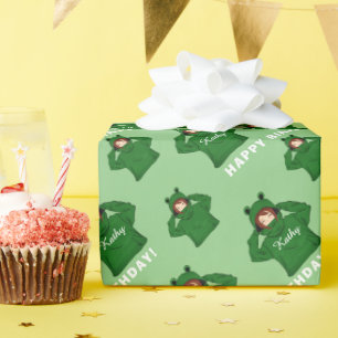 Süßes Mädchen mit grünem Frosch-Hoodie-Zeichnung z Geschenkpapier