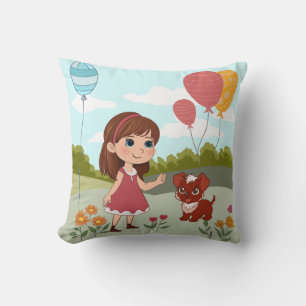 Süßes Mädchen mit Hund und Ballons Kissen