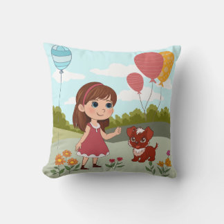 Süßes Mädchen mit Hund und Ballons Kissen