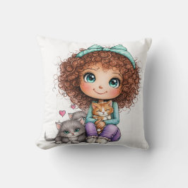 Süßes Mädchen mit Kätzchen Kawaii Gemütliche Kunst Kissen