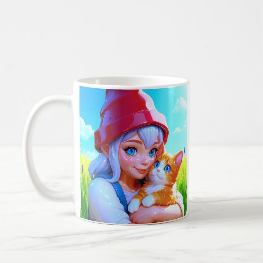 Süßes Mädchen mit Katze Kaffeetasse (Links)