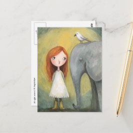 Süßes Mädchen mit roten Haaren mit Elefant und Vog Postkarte