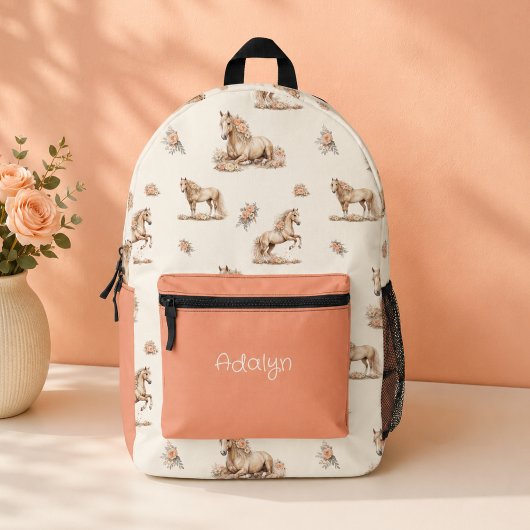 Süßes Mädchen Pfirsich-Rose-Pferd-Muster Bedruckter Rucksack