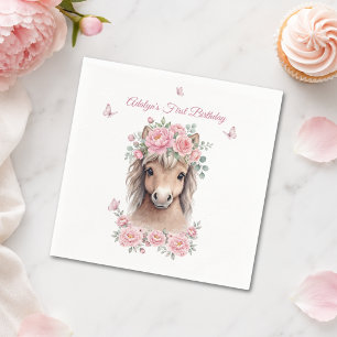 Süßes Mädchen Rosa Florales Pferd Erste Geburtstag Serviette