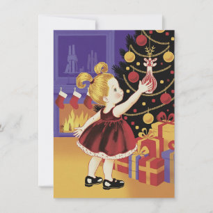 Süßes Mädchen schmückt Baum Vintage-Weihnachten Feiertagskarte