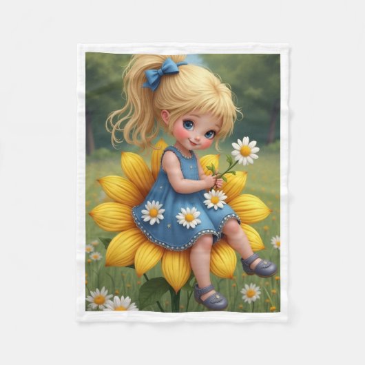 Süßes Mädchen sitzt auf Sonnenblumen-Fliesendecke Fleecedecke (Vorderseite)