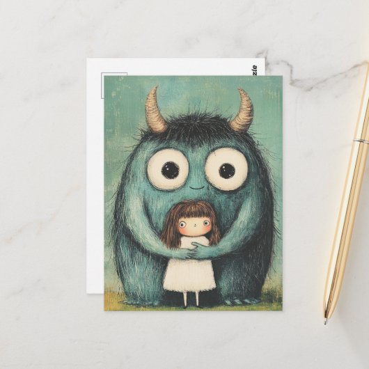 Süßes Mädchen und ihr Monsterfreund Fantasy Postkarte (Vorderseite/Rückseite Beispiel)