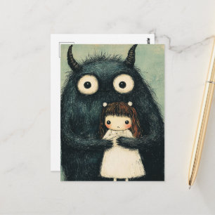 Süßes Mädchen und ihr Monsterfreund Fantasy Postkarte