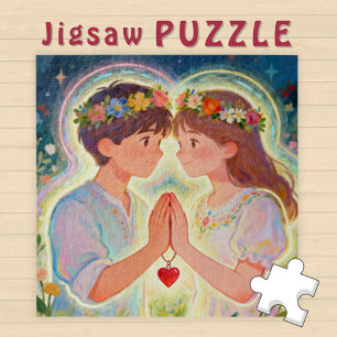 Süßes Mädchen und Junge Zwillingsseele Paar Liebe Puzzle
