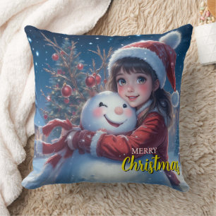 Süßes Mädchen und Schneemann Weihnachten Kissen