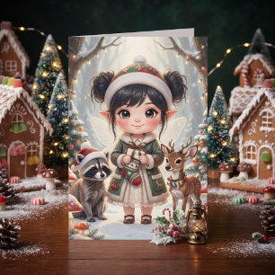 Süßes Mädchen-Wald-Themen-Malvorlage Weihnachten Karte