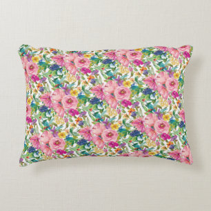 Süßes Mädchenhaftes Rosa Blau Gelb Aquarell Blumen Dekokissen