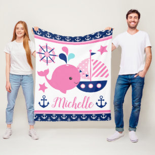 Süßes, maritimes rosa Wal- und Anker-Muster Fleecedecke