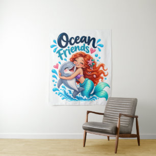 Süßes Meerjungfrau-Ozeanfreunde-Delfin-Design Wandteppich