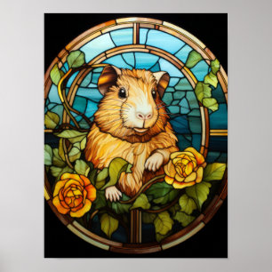 Süßes Meerschweinchen-Buntglas mit gelben Rosen Poster