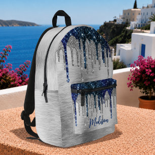 Süßes modernes blaues Glitter-Drips-Monogramm Bedruckter Rucksack