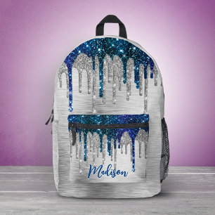 Süßes modernes blaues Glitter-Drips-Monogramm Bedruckter Rucksack