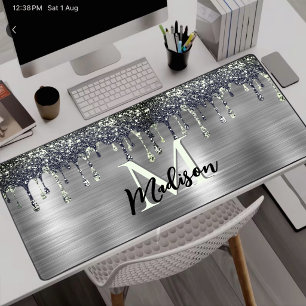 Süßes modernes Faux-Silber-Glitter-Drips-Monogramm Schreibtischunterlage