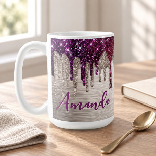 Süßes modernes rosa rotes Glitter-Drips-Monogramm Kaffeetasse