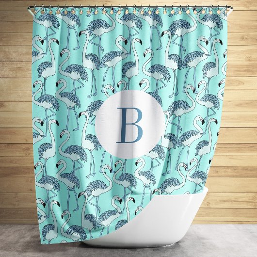 Süßes Monogramm Blaue Flamingos Muster Duschvorhang