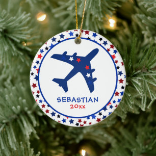 Süßes Monogramm-Flugzeug Sterne Weihnachten Keramik Ornament