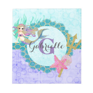 Süßes Monogramm Meerjungfrau Türkis & Lila Aquarel Notizblock
