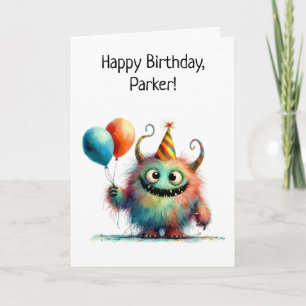 Süßes Monster mit Geburtstagshut und Luftballons Karte