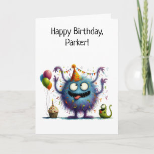 Süßes Monster mit Luftballons und Cupcake Geburtst Karte