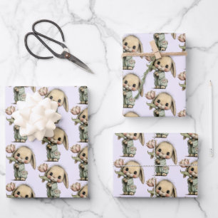 Süßes Muster mit einem Hasen, der eine Tulpe hält Geschenkpapier Set