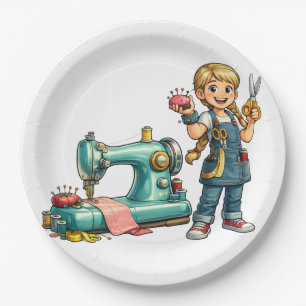 Süßes Nähmädchen-Cartoon mit Vintage-Maschine Pappteller