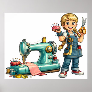 Süßes Nähmädchen-Cartoon mit Vintage-Maschine Poster