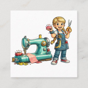Süßes Nähmädchen-Cartoon mit Vintage-Maschine Quadratische Visitenkarte