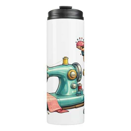 Süßes Nähmädchen-Cartoon mit Vintage-Maschine Thermosbecher (Vorderseite)