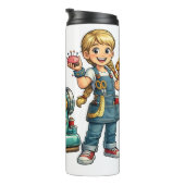 Süßes Nähmädchen-Cartoon mit Vintage-Maschine Thermosbecher (Nach rechts gedreht)