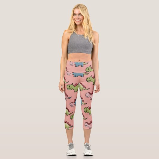 Süßes nahtloses Dinosaurier-Muster Capri Leggings (Vorderseite)