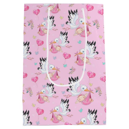 Süßes neues Baby Mädchen und Storch Mittlere Geschenktüte (Rückseite)