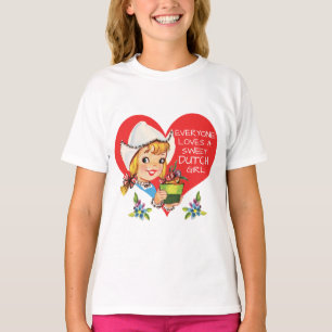 Süßes niederländisches Mädchen mit Vintage-Tulpen, T-Shirt
