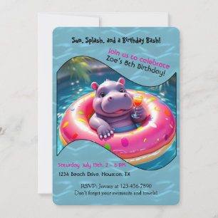 Süßes Nilpferd, das auf einem Donut-Pool-Float sch Einladung
