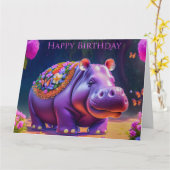 Süßes Nilpferd zum Geburtstag Karte (Gelbe Blume)