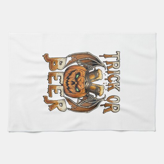 Süßes oder Bier Halloween-Kürbis-Skelett-Flügel-Ta Geschirrtuch (Horizontal)