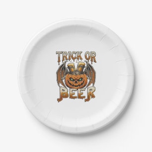 Süßes oder Bier Halloween-Kürbis-Skelett-Flügel-Ta Pappteller