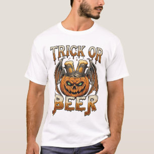 Süßes oder Bier Halloween-Kürbis-Skelett-Flügel-Ta T-Shirt