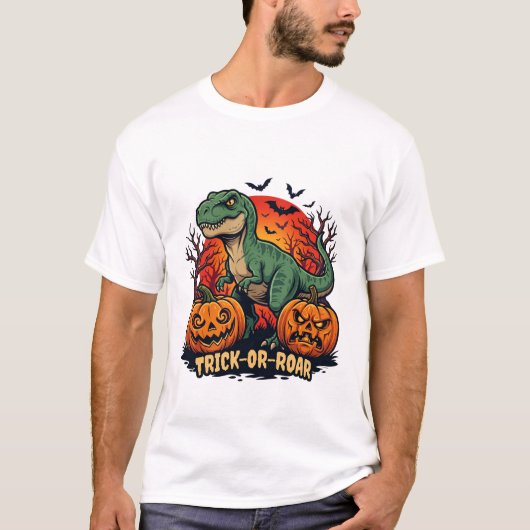 Süßes oder Brüllen Rex Dinosaurier Halloween Kürbi T-Shirt (Vorderseite)
