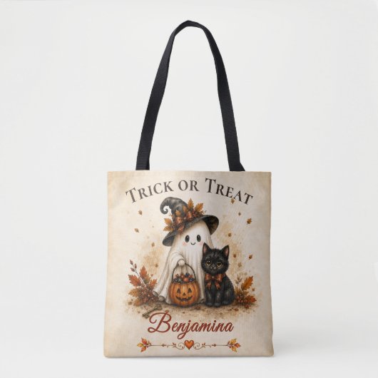Süßes oder Saures Geist & schwarze Katze Halloween Tasche (Vorderseite)