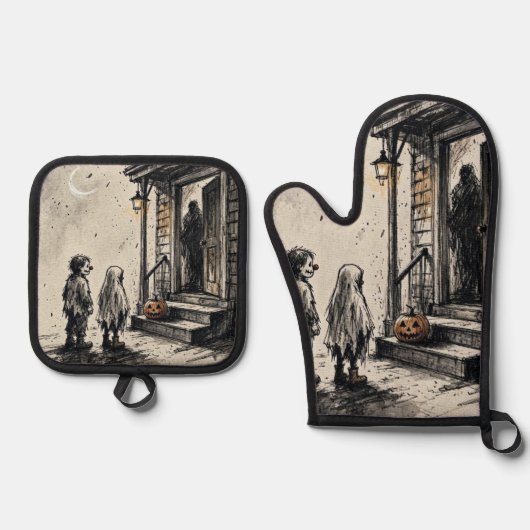Süßes oder Saures Halloween-Horror Ofenhandschuh & Topflappen-Set (Vorderseite)