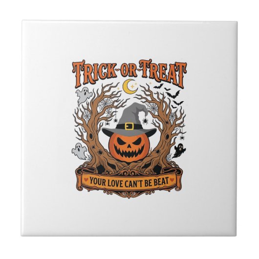 Süßes oder Saures Halloween-Kürbis-Hexenhut Grusel Fliese (Vorderseite)