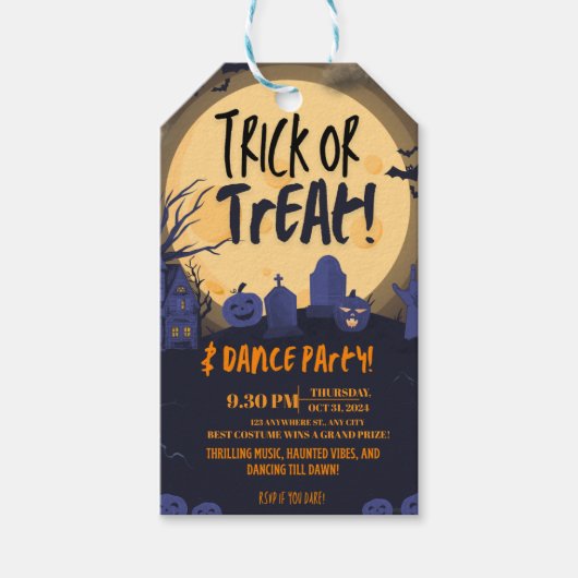 Süßes oder Saures Halloween-Tanzparty-Einladung 🎃 Geschenkanhänger (Vorderseite)