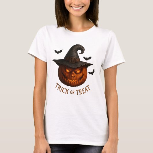 Süßes oder Saures Kürbis Hexenhut Halloween Design T-Shirt (Vorderseite)