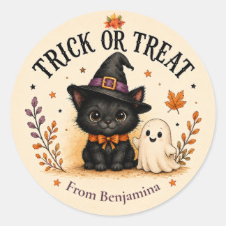 Süßes oder Saures schwarze Katze & Geist Halloween Runder Aufkleber